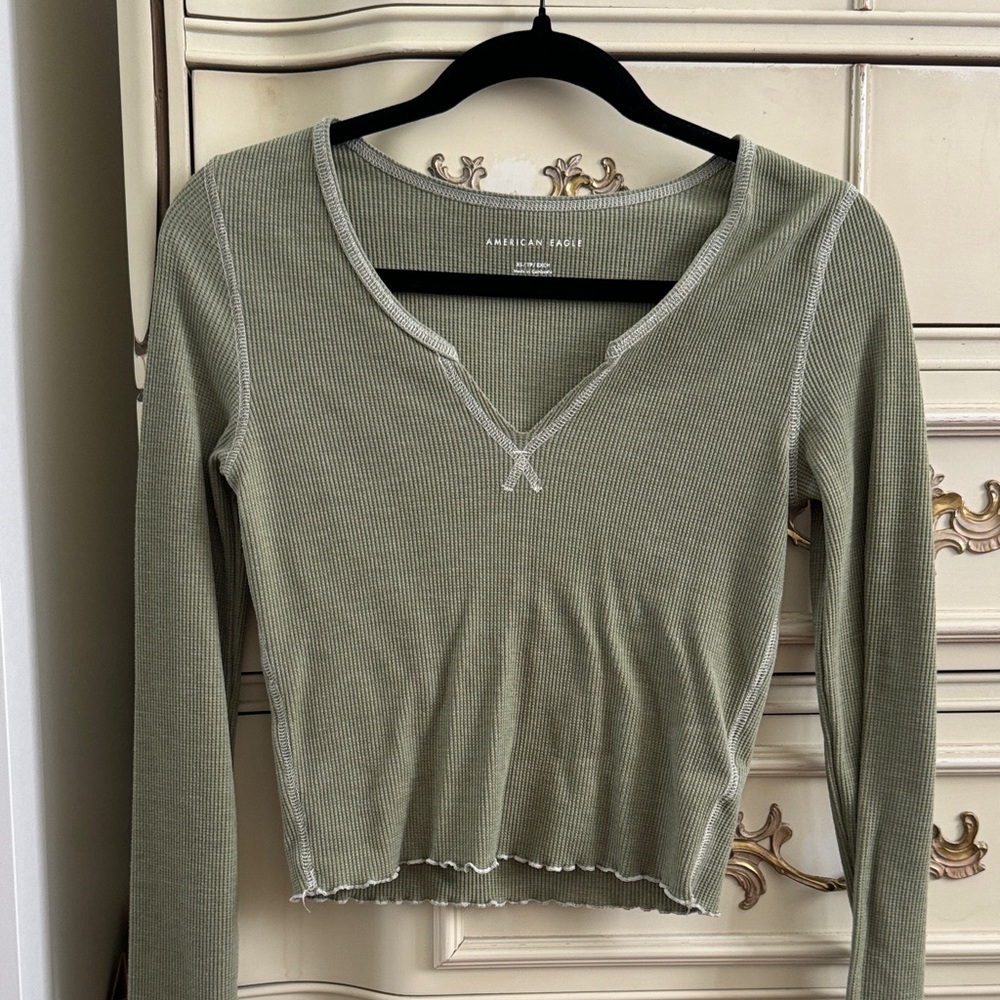 American Eagle Outfitters Sage Ribbed V-Neck Blouse